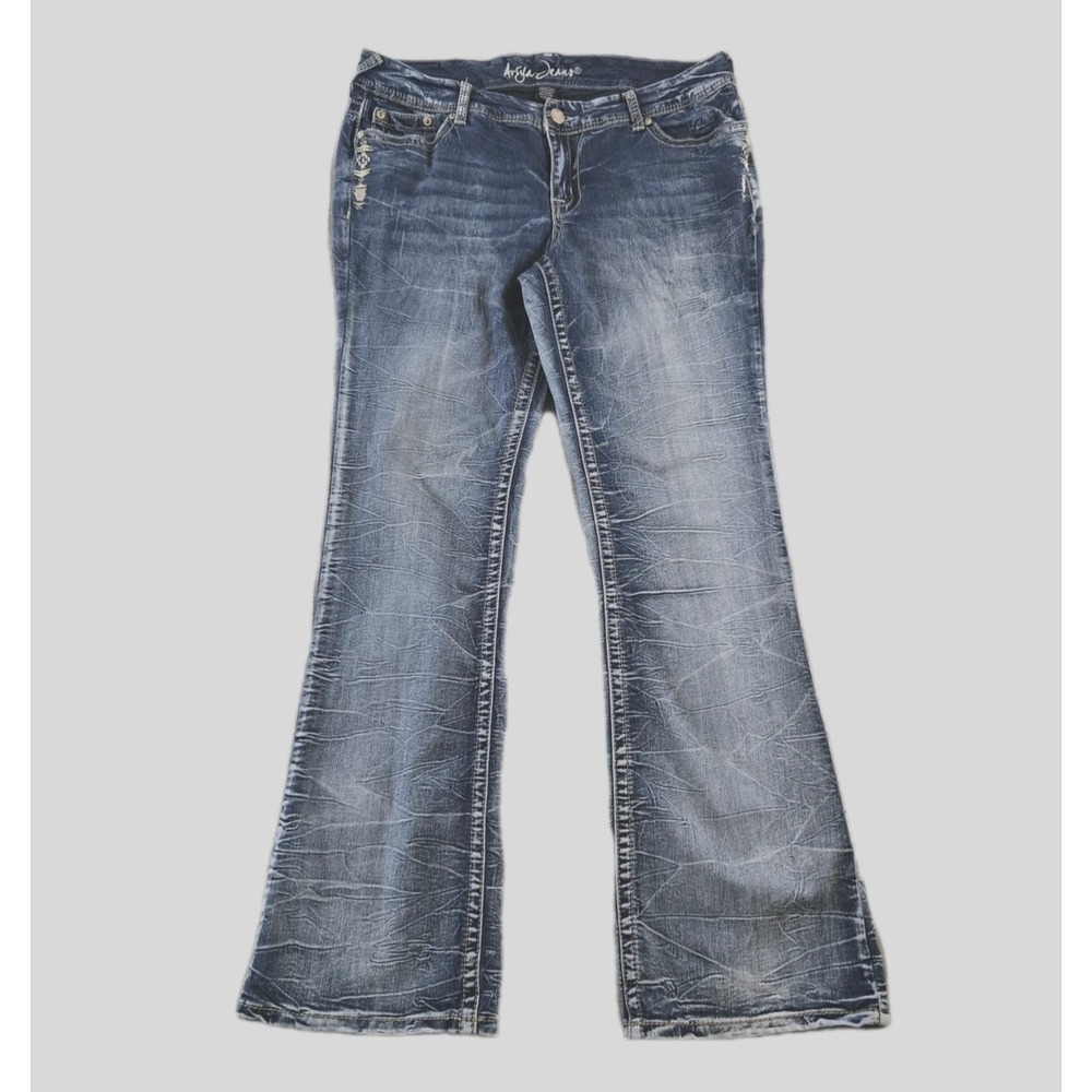 ARIYA Junior's Crinkle Wash Low Rise‎ Bootcut Denim Jeans Embroidered Stretch 15